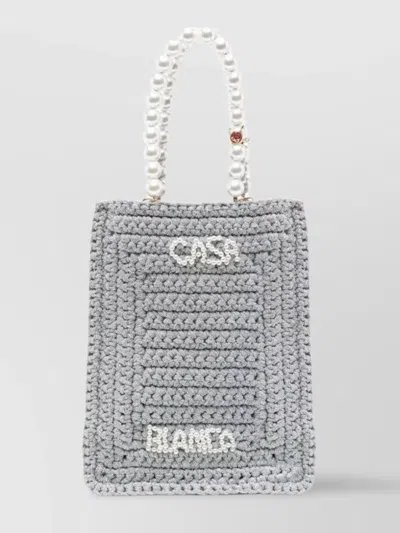Casablanca Crochet Chain Shoulder Bag With Pearl Handle In Grey
