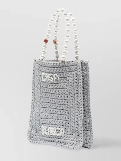 Casablanca Crochet Chain Shoulder Bag With Pearl Handle In Grey