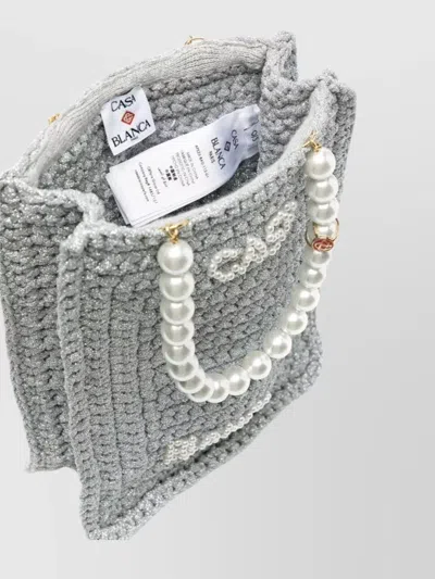 Casablanca Crochet Chain Shoulder Bag With Pearl Handle In Grey