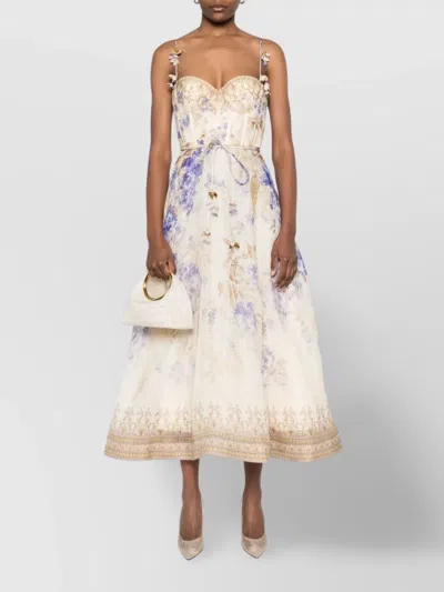 Zimmermann Beige Linen And Silk Dawning Picnic Dress In Lilacfloral