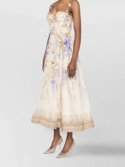 Zimmermann Beige Linen And Silk Dawning Picnic Dress In Lilacfloral