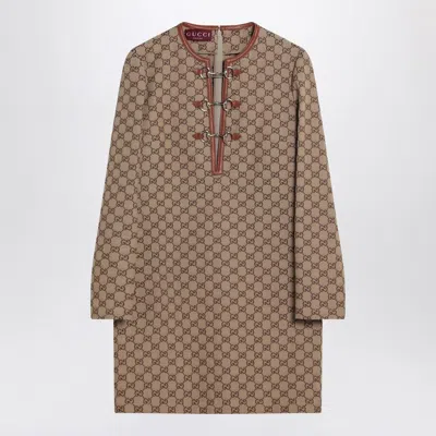 Gucci Cotton Blend Dress With All-over Gg Print In Brown