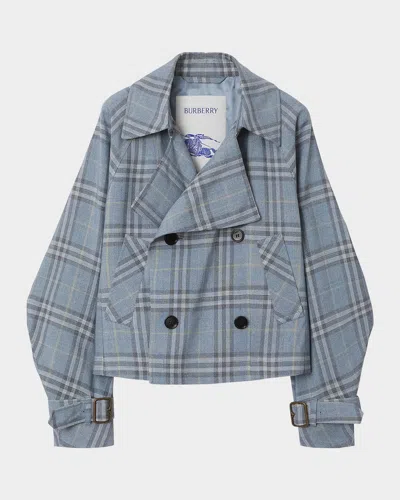 Burberry Check Silk Blend Trench Jacket In Blue