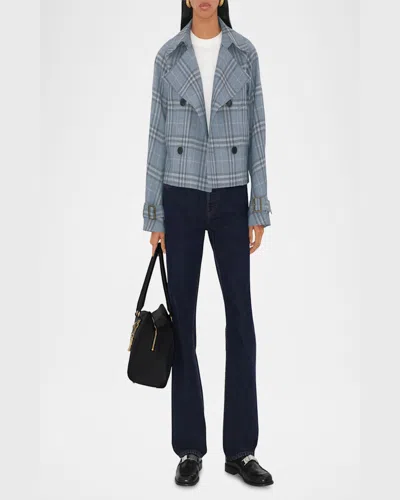 Burberry Check Silk Blend Trench Jacket In Blue