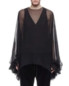 CHLOÉ BALLOON-SLEEVE SHEER SILK TENT BLOUSE, BLACK
