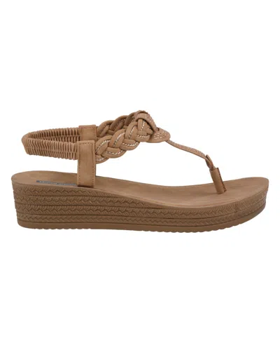 Gc Shoes Women's Ivana Embellished T Strap Wedge Sandals In Tan