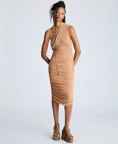 Kenneth Cole Sleeveless Twist Front Midi With Side Rouching In Dark Honey