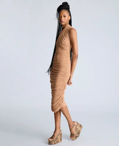 Kenneth Cole Sleeveless Twist Front Midi With Side Rouching In Dark Honey