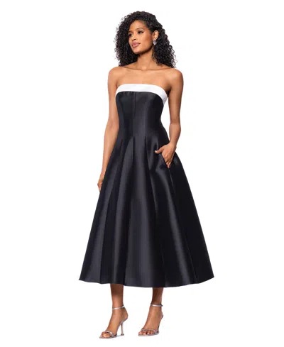 Betsy & Adam Contrast Strapless Mikado Ballgown In Black,white
