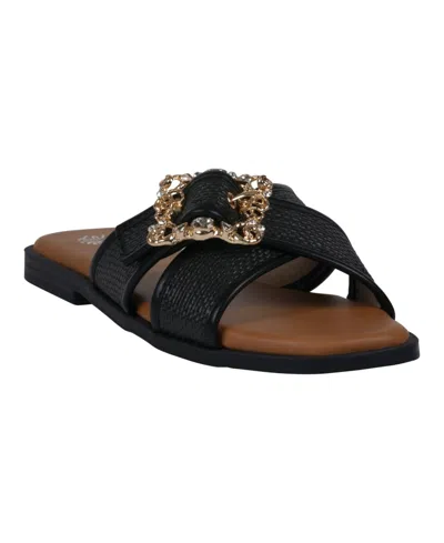 Gc Shoes Women's Ivy Embellished Buckle Slide Flat Sandals In Black