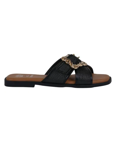 Gc Shoes Women's Ivy Embellished Buckle Slide Flat Sandals In Black
