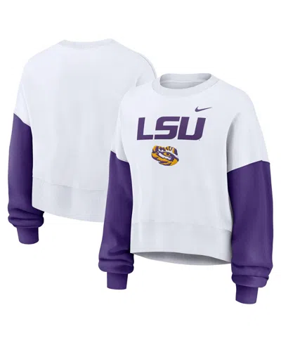 Nike White Lsu Tigers Color-block Oversized Cropped Pullover Sweatshirt In White