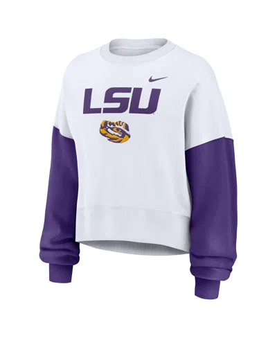 Nike White Lsu Tigers Color-block Oversized Cropped Pullover Sweatshirt In White