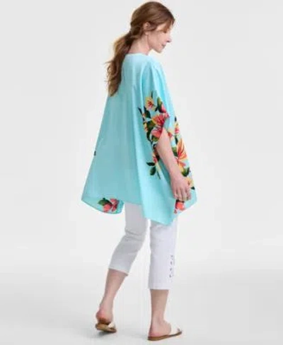 Jm Collection Womens Satin Kimono Floral Print Mixed Media Top Exclusively At Macys In Teal Spark