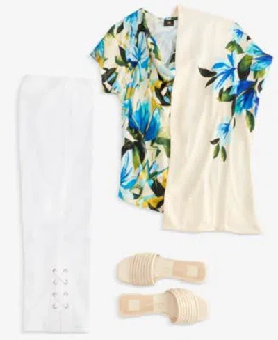 Jm Collection Womens Satin Kimono Floral Print Mixed Media Top Exclusively At Macys In Teal Spark