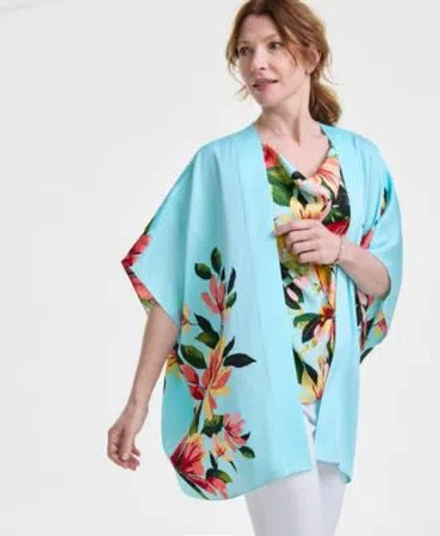 Jm Collection Womens Satin Kimono Floral Print Mixed Media Top Exclusively At Macys In Teal Spark