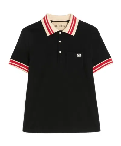 Valentino Cotton Piqué Polo Shirt With Vlogo Patch In Black