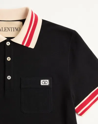 Valentino Cotton Piqué Polo Shirt With Vlogo Patch In Black