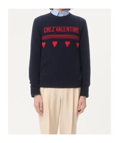 Valentino Wool Sweater Heart Motif In Black