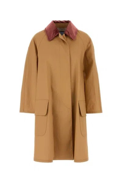 Prada Camel Cotton Overcoat In Brown