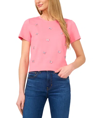 Cece Women's Cotton Butterfly-gem Short-sleeve Tee In Confetti Pink
