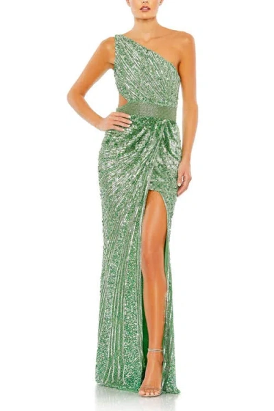 Mac Duggal Sequined One Shoulder Draped Lace Up Gown In Sage