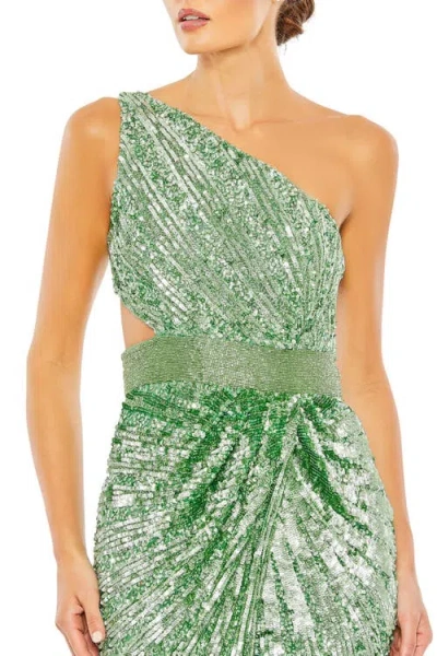 Mac Duggal Sequined One Shoulder Draped Lace Up Gown In Sage