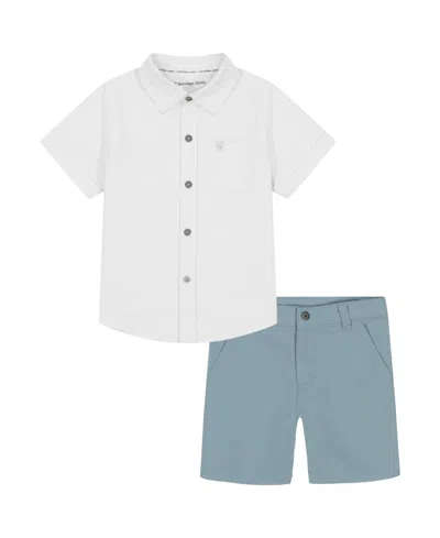 Calvin Klein Toddler And Little Boys 2-piece Textured Dobby Button Front Shirt And Twill Shorts Set In Bright White,arona