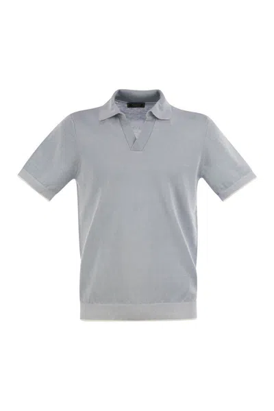 Peserico Polo Shirt In Linen And Cotton Yarn In Blue