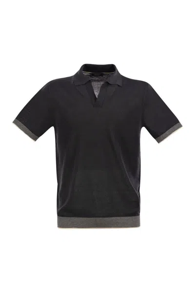 Peserico Polo Shirt In Linen And Cotton Yarn In Night Blue