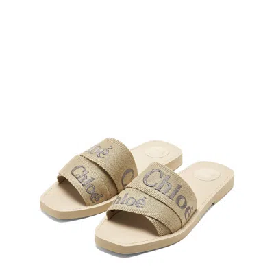 Chloé Woody Slides With Wide Soft Strap In Multi Beige