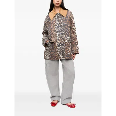 Ganni Long Sleeve Animal Print Jacket With Wide Collar