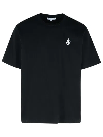 Jw Anderson Black Crewneck T-shirt With Anchor Embroidery On The Front In Cotton Man In Black