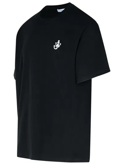 Jw Anderson Black Crewneck T-shirt With Anchor Embroidery On The Front In Cotton Man In Black