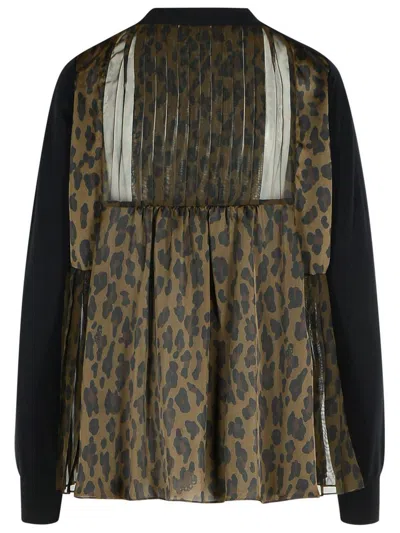 Sacai Leopard Printed Knit Cardigan In Brown