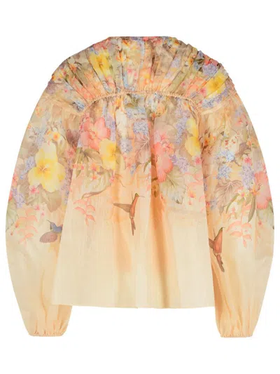 Zimmermann Illuminate Pleated Floral-print Linen And Silk-blend Blouse In Beige