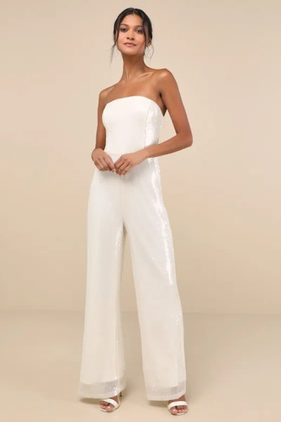 Lulus Cherelle Cream Sequin Strapless Jumpsuit In White
