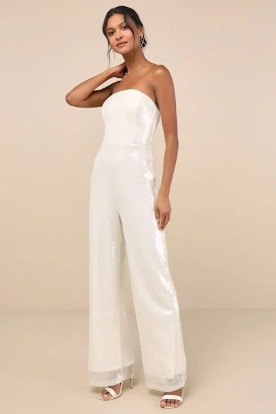 Lulus Cherelle Cream Sequin Strapless Jumpsuit In White
