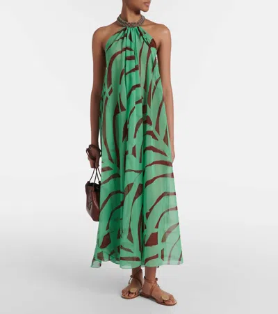 Johanna Ortiz Tactile Winds Maxi Dress Swim Palm Stripes Burgundy Mint In Green