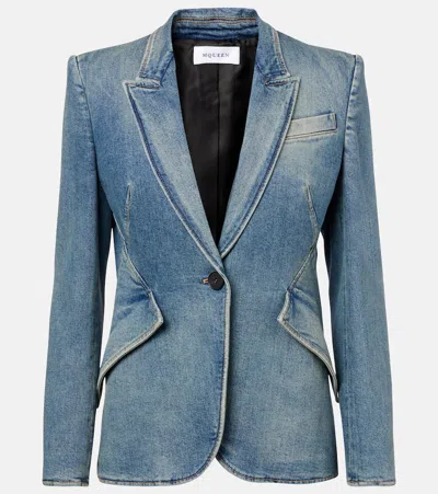 Alexander Mcqueen Single-breasted Denim Blazer In Blue