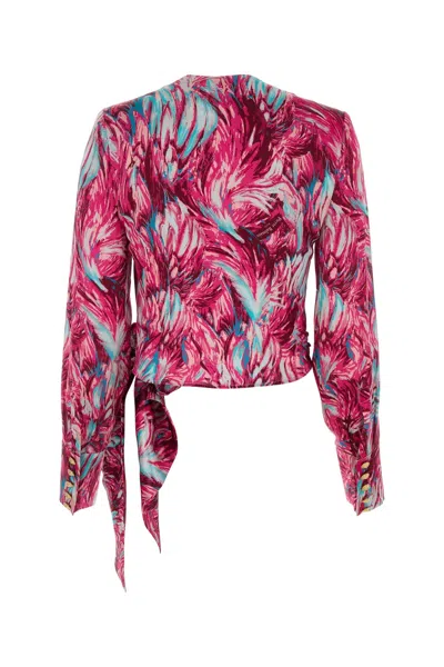 Balmain Silk Feather Print Wrap Blouse In Multicolor