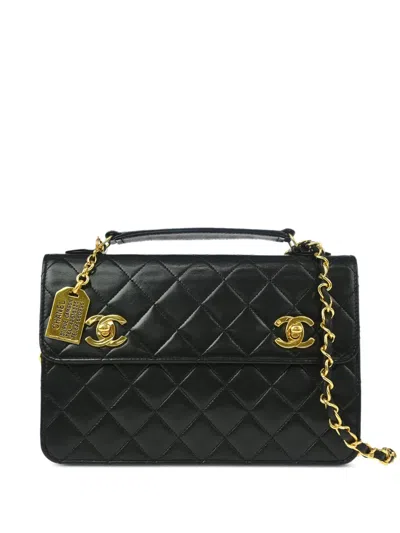 Pre-owned Chanel 1990 Double Turn-lock Handbag In Black