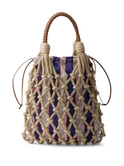 Prada Mesh Handbag With Braided Handles And Knotted Net Design In Neutrals
