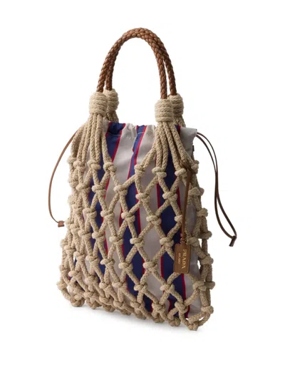 Prada Mesh Handbag With Braided Handles And Knotted Net Design In Neutrals