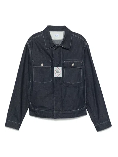 C.p. Company Blue Jacket With Classic Collar And Logo Patch On The Front In Blue