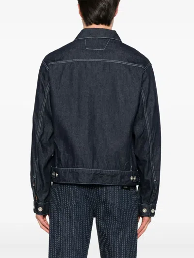 C.p. Company Blue Jacket With Classic Collar And Logo Patch On The Front In Blue