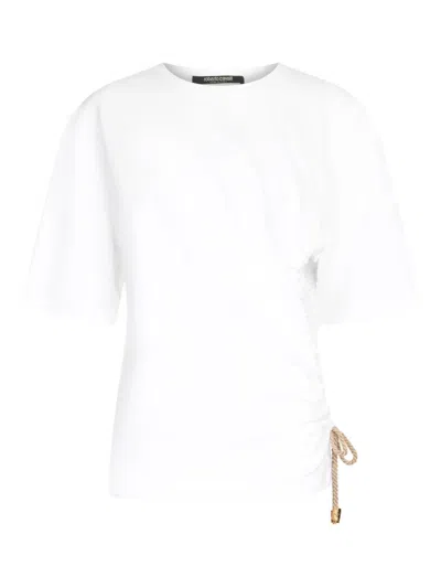 Roberto Cavalli T-shirt Mit Wall-print Und Knoten In White