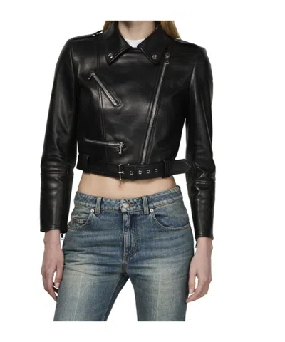 Alexander Mcqueen Cropped Biker Leather Jacket In Black