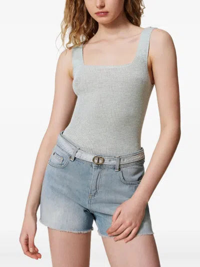 Twinset Belted Denim Shorts In Blue