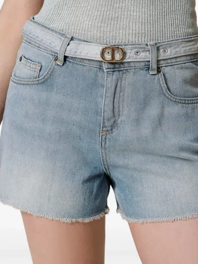 Twinset Belted Denim Shorts In Blue